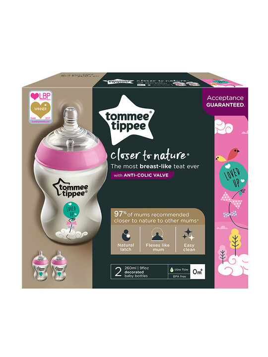 Tommee Tippee Closer to Nature 2x260ml Easi-Vent™ BPA free Decorative Feeding Bottles - Pink image number 3